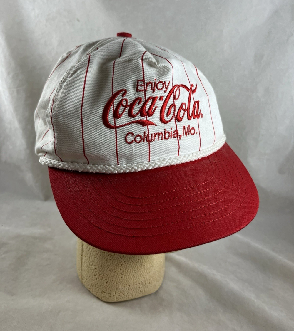 Coca Cola Pinstripe Snapback Hat Columbia Mo White Red Vintage USA Made